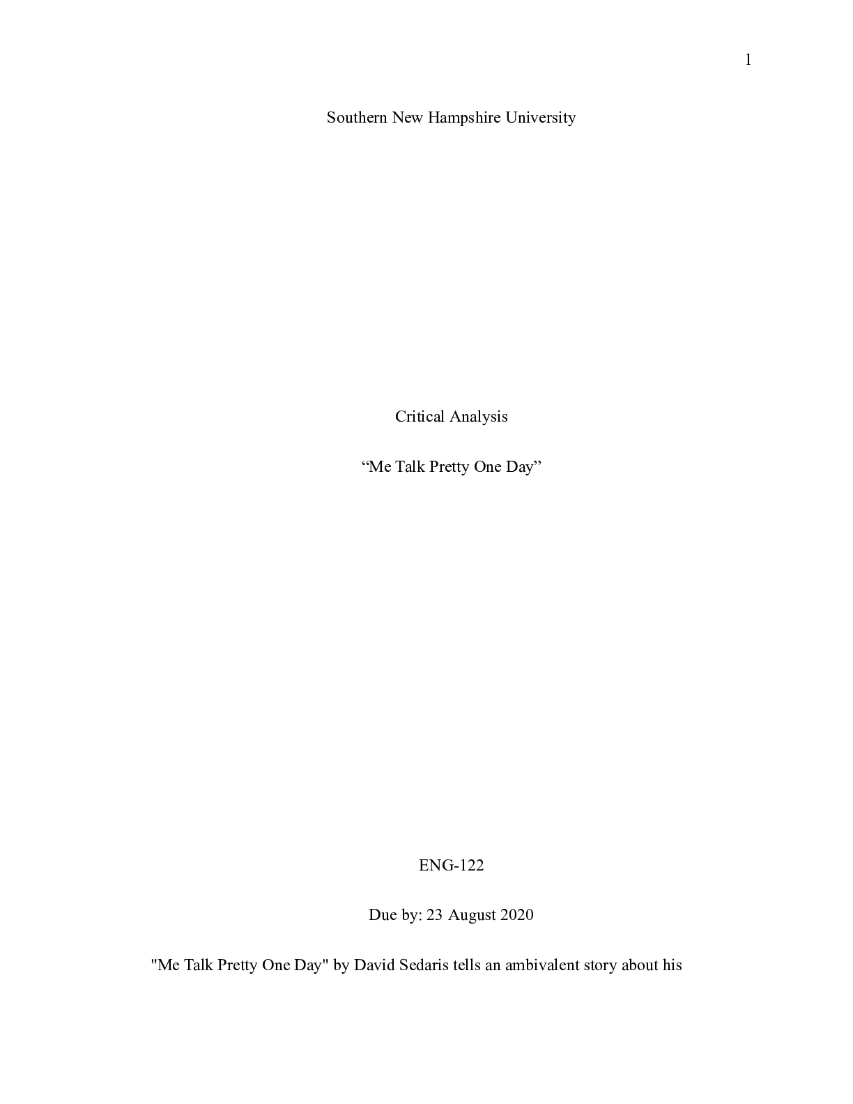 Preview image for Critical Analysis Final.docx  Southern New Hampshire University  Critical Analysis  œMe Ta